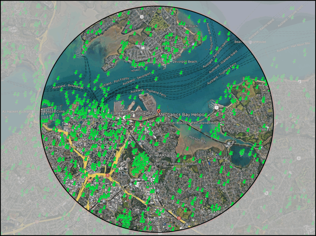 Figure 4: Locations of UA flights logged in AirShare within 4km of Mechanics Bay during Trial period 
